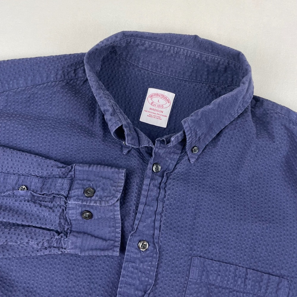 Brooks Brothers Madison Seersucker Button Down Shirt Navy Blue Mens Large L